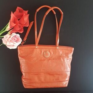 COACH Vintage Tangerine Orange Patent Leather Signature Stitch Tote Bag F19190